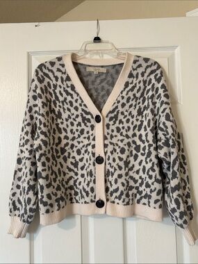 LOFT Cream and Gray Leopard Print V-Neck Button Cardigan